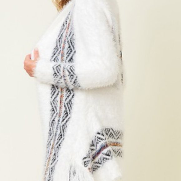 NEW ON BLUE AZTEC SOUTHWESTERN sweater drape cardigan fringe white soft Sm-3XL - Picture 9 of 9